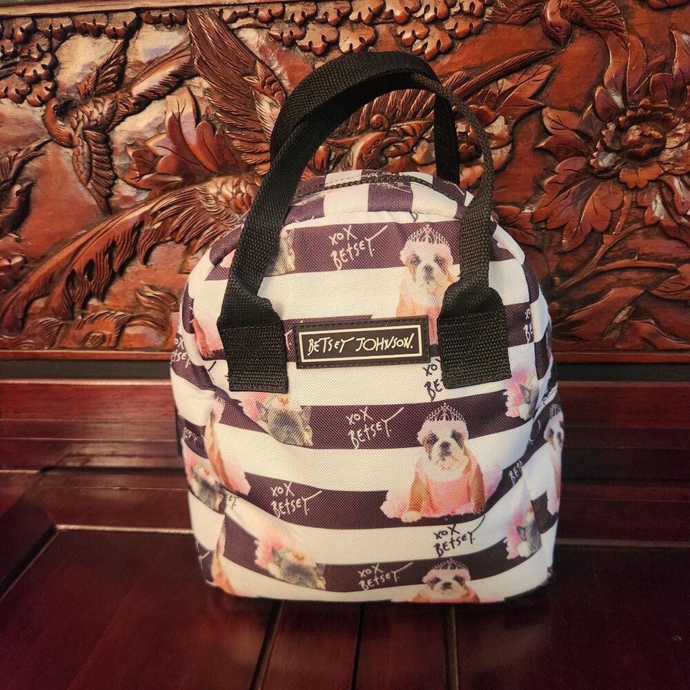 Betsey Johnson Mini Dog Print Lunch Bag with Striped Design & Black Handles